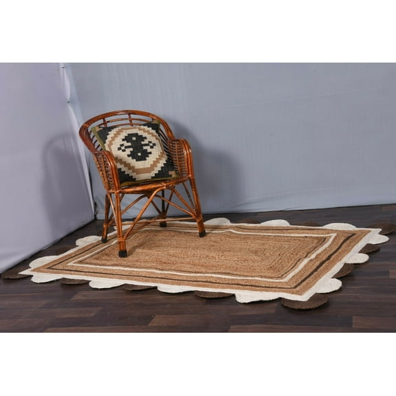 2 x 3 Feet ( 60 cm x 90 cm ) Natural Jute with Black & White Scalloped Area Rugs , Home Decor Rugs