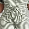 thumbnail image 4 of Morttic Women's Tie-Front Lapel Short Sleeve Shirt & High Waist Wide Leg Pants with Fashionable Vertical Stripe Set Green，S, 4 of 6