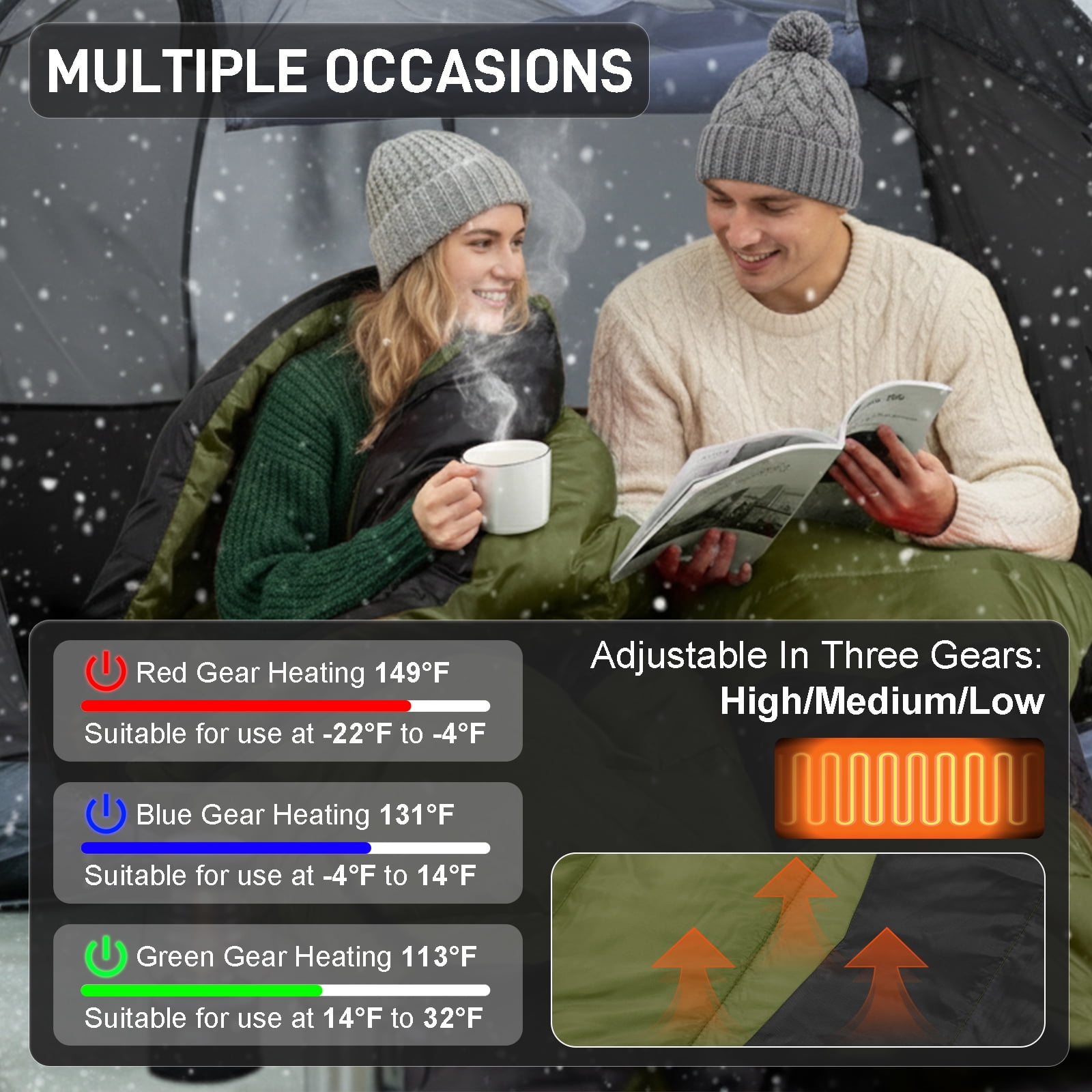 Ktaxon Heated Sleeping Bag,  Rectangular Lightweight Sleeping Bag with USB Powered Heating Pads for 14-50 °F, Compact Envelope Sleeping Bag for Camping Picnic Hiking, Green