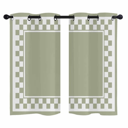 Sage Green Square Blackout Curtains 39 Inches Long Graphic Retro Green White Checkered Border Thermal Insulated Room Darkening Drapes with Grommets for Living Room 27.5 W x 39 L 2 Panels