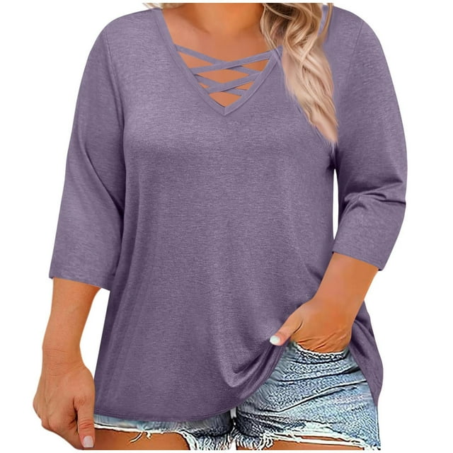 Wensltd Women's Plus Size Loose Fit 3/4 Sleeve Pullover Tunic Top Comfortable Solid Color Outfit