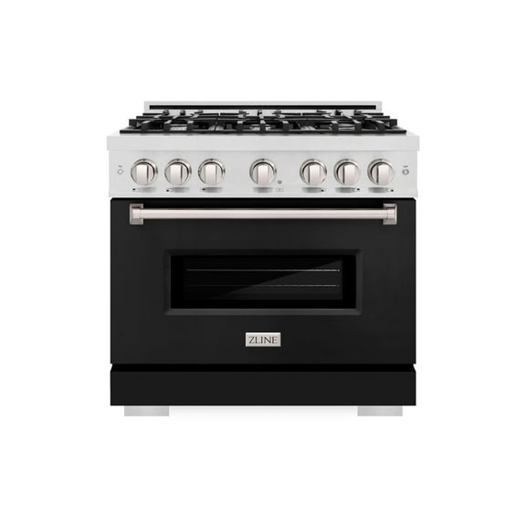 ZLINE 36 in. 5.2 cu. ft. Classic Dual Fuel Range with 6 Burner Gas Cooktop and Electric Convection Oven in DuraSnow Stainless Steel with Black Matte Door (CDRS-BLM-36)