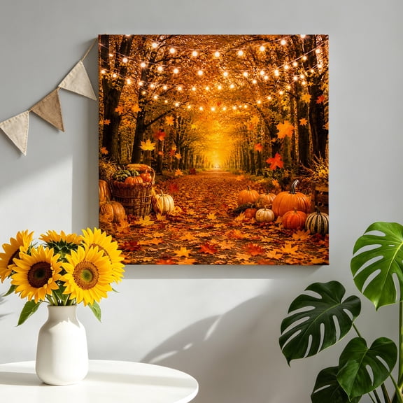Thanksgiving Fall Canvas Wall Art for Living Room, Rustic Orange Pumpkin String Light Maple Leaf Poster Print Painting for Bedroom Office Home Decoration Wall Pictures Prepare To Hang 10"x10"