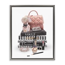 Stupell Industries Fashion Bookstack Purse Perfume Pink Glam Design Luster Gray Framed Floating Canvas Wall Art, 16x20, by Ziwei Li