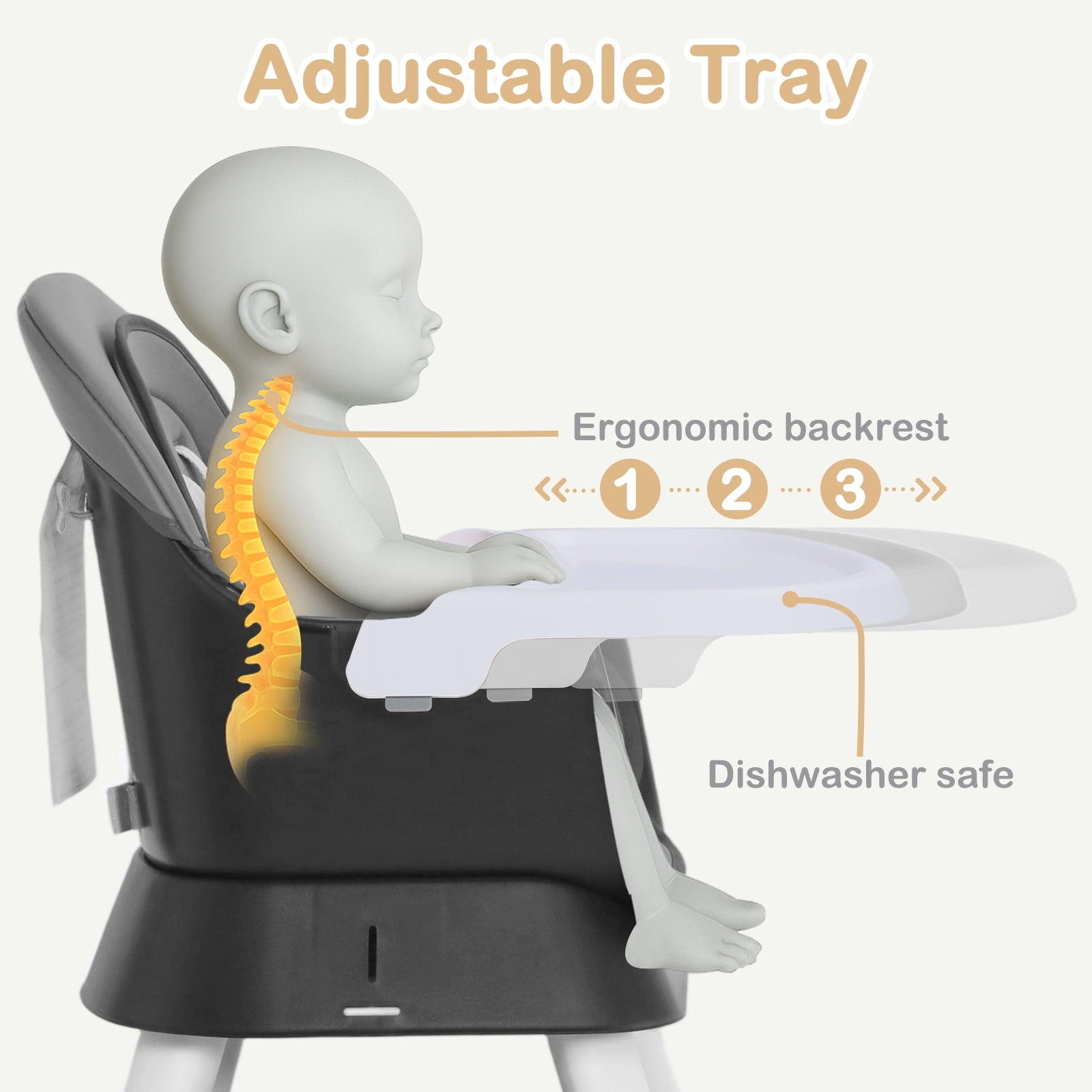 AILEEKISS 8-in-1 Baby High Chair, Toddler Booster Seat with Dishwasher-Safe Tray, Dark Grey