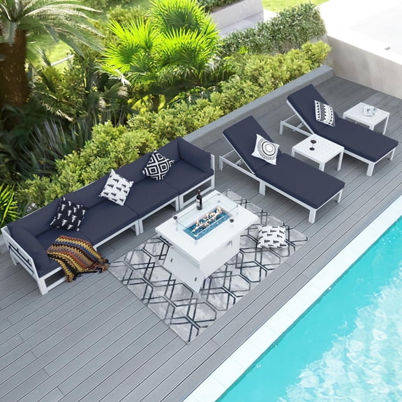 RADIATA 9 Pieces Aluminum Outdoor Patio Sectional Furniture Sofa Set with Firepit Table and Chaise Lounger Large Size for Pool Porch Backyard Thicken Denim Blue Olefin Cushion Modern Luxury