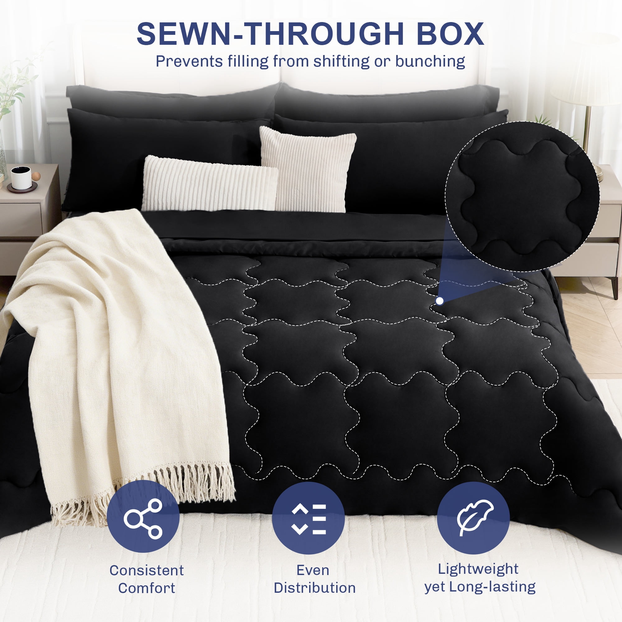 BDEUS 7 Pieces Comforter Set Full，Bed in A bag，All Seasons Bedding sets with Comforter,Fitted Sheet,Flat Sheet,Pillowcases & Shames，Black