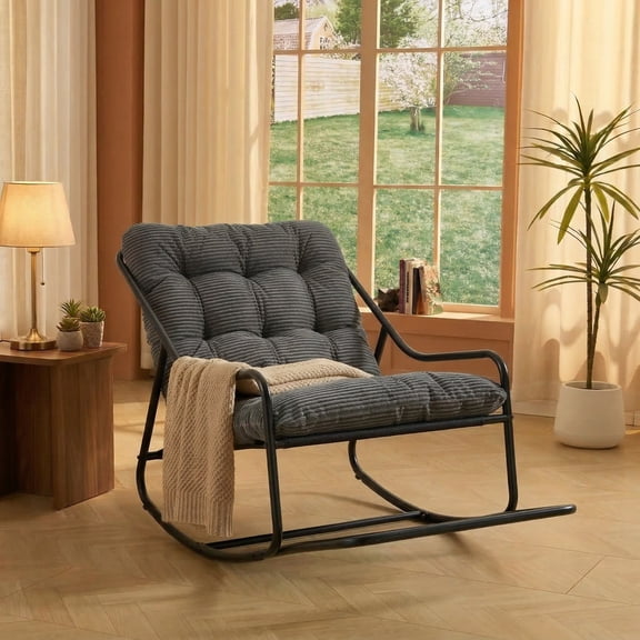 Peispie Indoor Corduroy Rocking Chair with Soft Thick Cushion, Comfy Accent Chair for Living Room, Modern Lounge Chair with Black Frame for Bedroom, Reading Room, 300 LBS, Grey