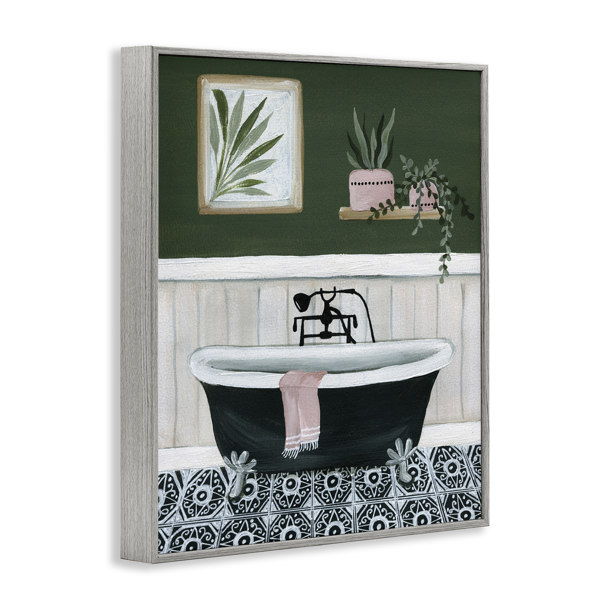 Stupell Industries Green Bathroom Scene Typography Painting Gray Framed Art Print Wall Art, 24 x 30