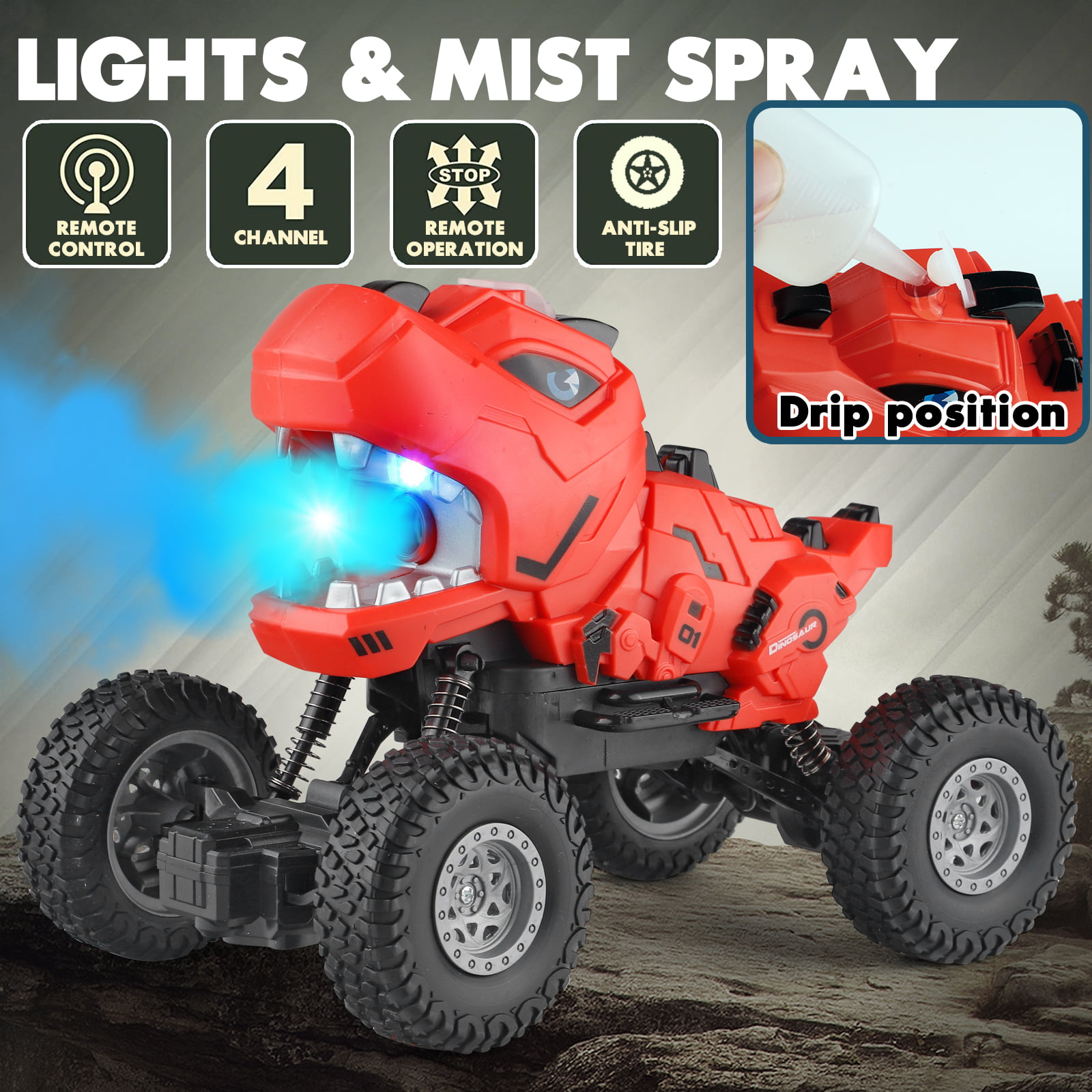 Family Smiles Kids RC Dinosaur Monster Truck Toy Water Spray Haze Lights Sound Effects Remote Control Vehicle 1:16 Scale Gift Toys for Boys Teal