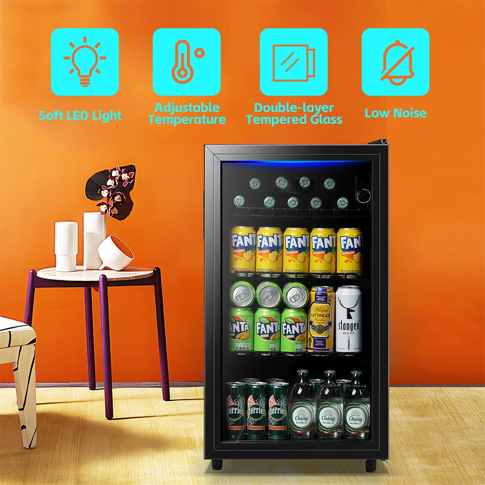 JIEJIA Beverage Refrigerators 120-Can Small Mini Fridge Glass Door, Removable Shelves for Soda Beer or Wine, 3.5 Cu.ft