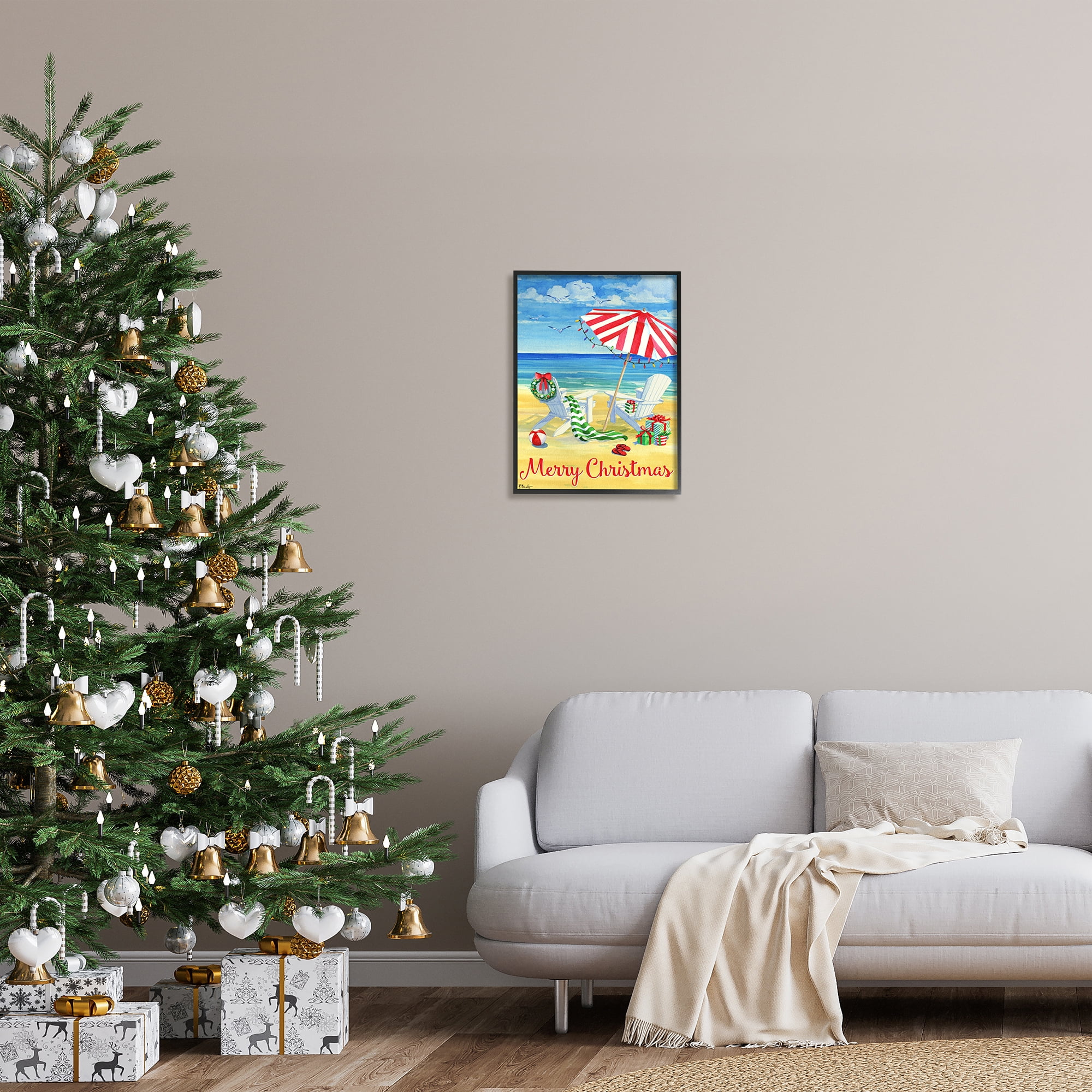Stupell Industries Coastal Merry Christmas Holiday Painting Black Framed Art Print Wall Art, 16 x 20