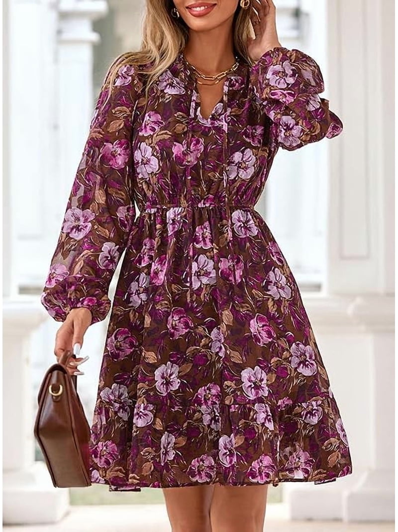 PRETTYGARDEN Women's Fall Boho Dresses Floral Long Sleeve V Neck Mini Flowy Wedding  Guest Dress Trendy Vacation Outfits - Walmart.com
