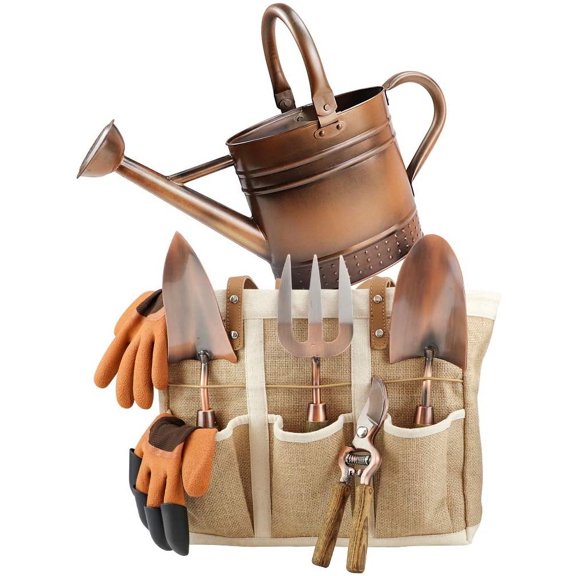 1 Gallon Galvanized Steel Watering Can with 3 Pcs of Garden Tools, 1 Pc of Pruning Shear, 1 Pair of Gardening Gloves，1 Pc of Garden Tools Organizer Tote