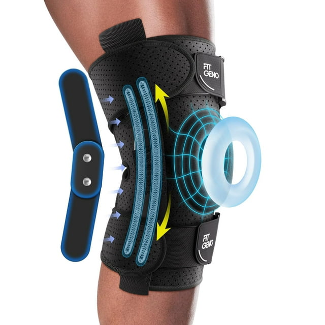 Rodillera con bisagras para desgarro de menisco: soporte ajustable para el dolor de rodilla con estabilizadores laterales integrados y bisagras metálicas extraíbles para la recuperación de lesiones o
