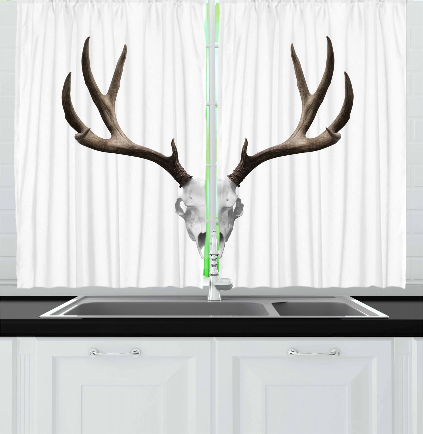 Antlers Curtains 2 Panels Set, A Deer Skull Skeleton Head Bone Halloween Weathered Hunter Theme Motif, Window Drapes for Living Room Bedroom, 55W X 39L Inches, Warm Taupe Pale Grey, by Ambesonne