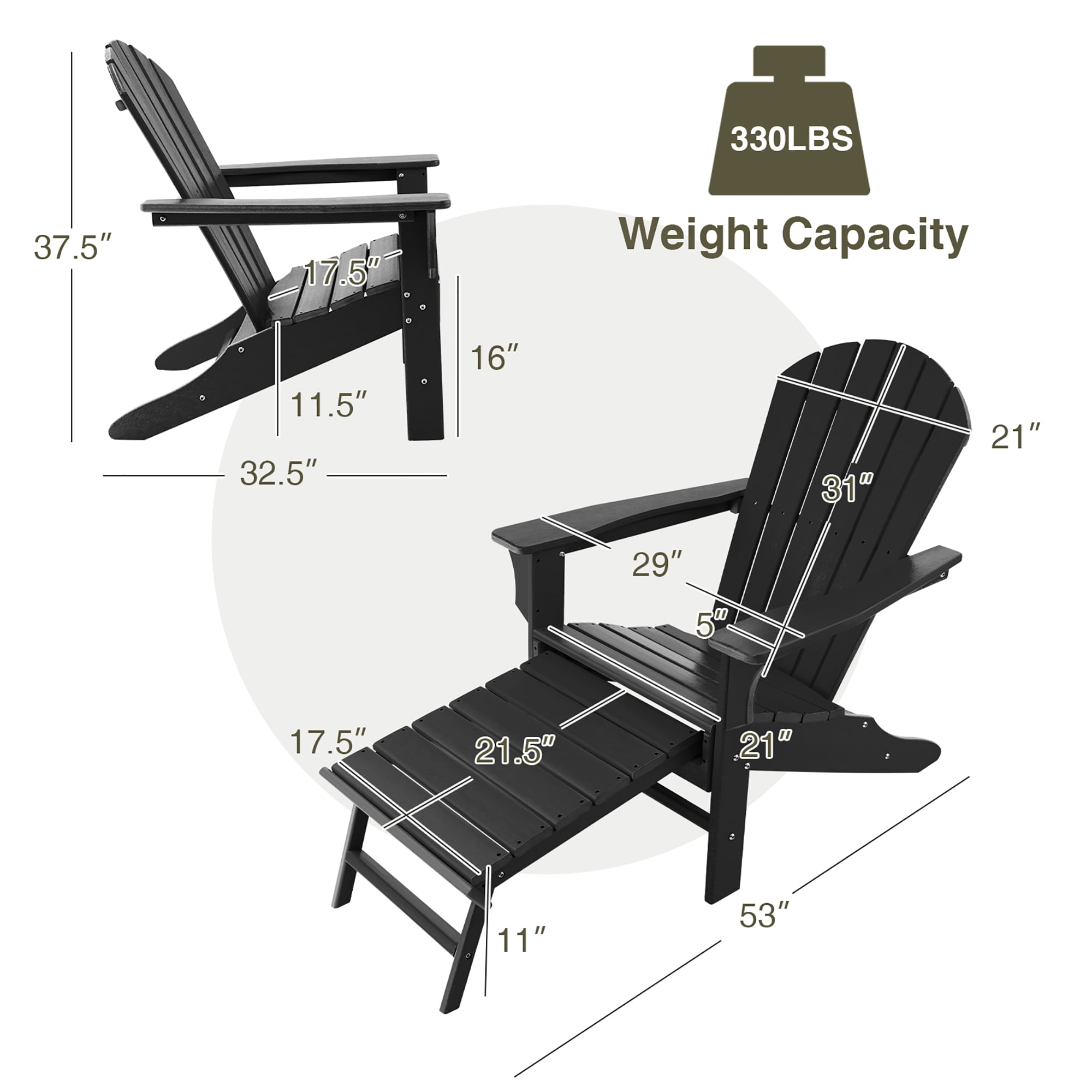 Costway Outdoor Patio HDPE Deck Adirondack Chair Beach Seat Retractable Ottoman Black