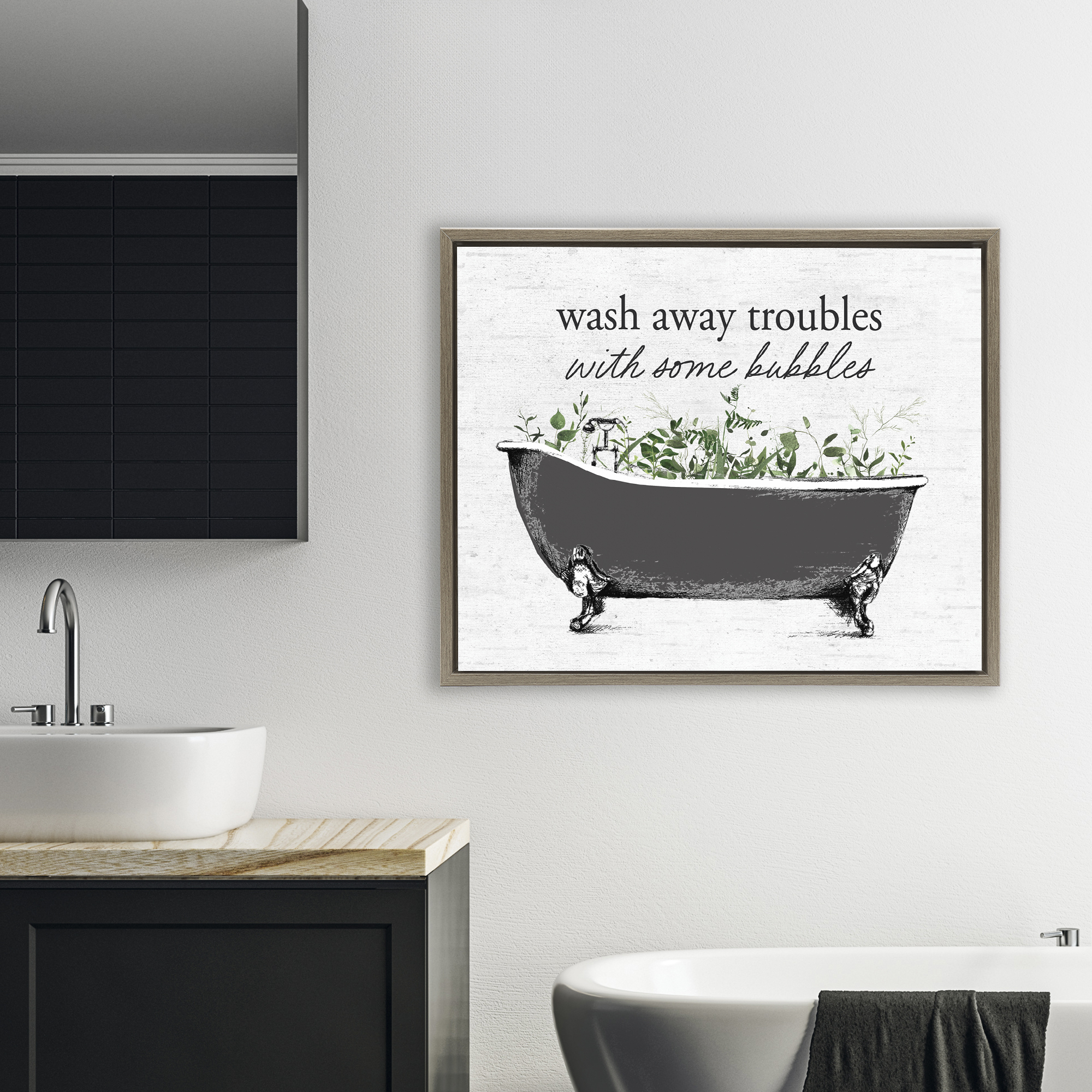 Comforting Bubble Bath Quote Brown Framed Floater Canvas Wall Art, design by Lettered and Lined