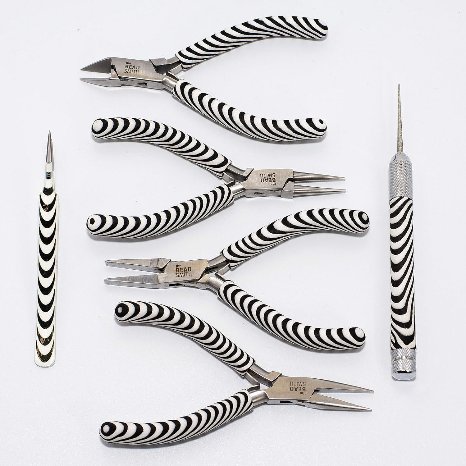 The Beadsmith Zebra Print Pliers – 5 Inch Tools, 6 Piece Kit: Chain Nose, Round Nose, Bent Chain Nose, Side Cutter, Tweezers & Reamer with Zippered Pouch – Tools Set for Jewelry Making