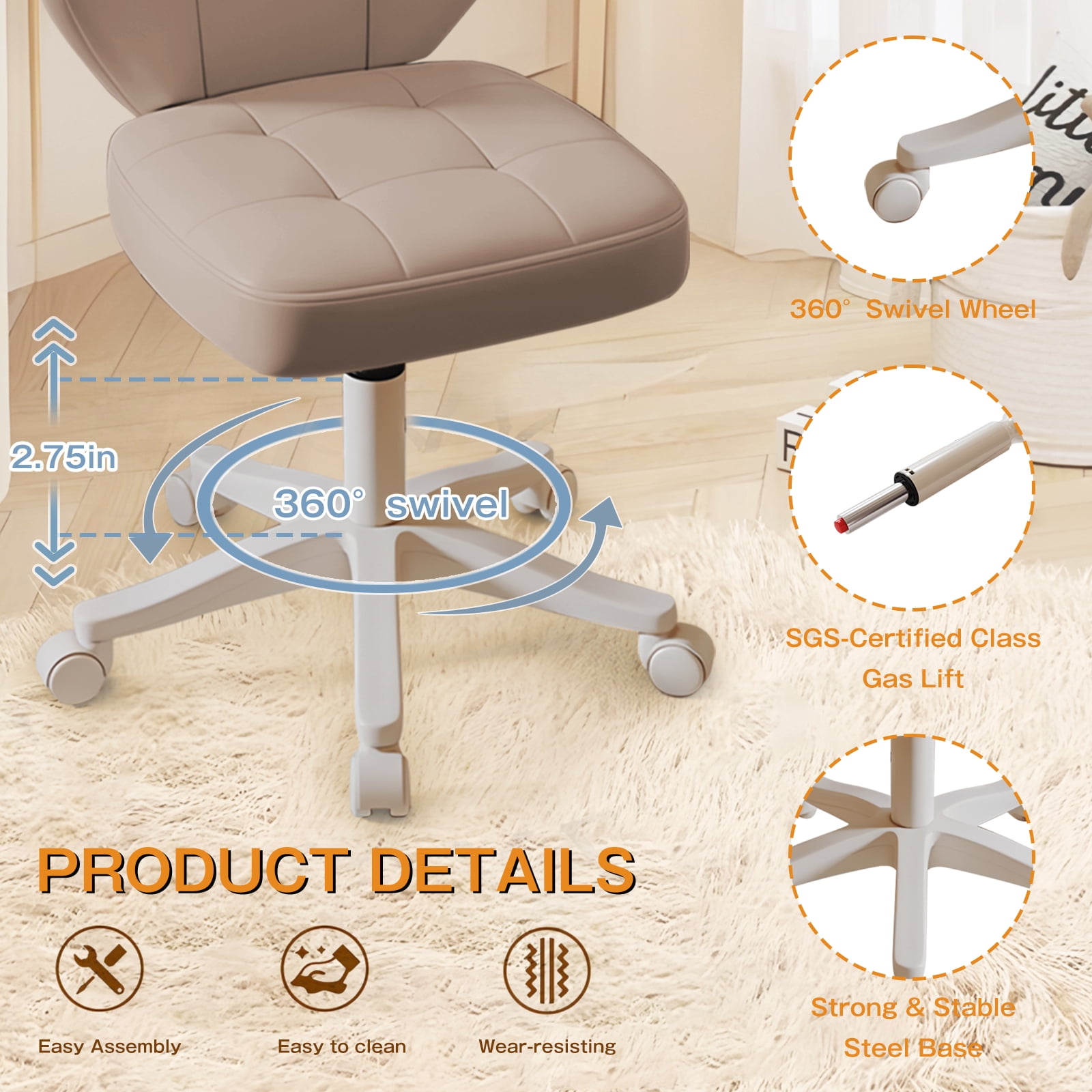 Vanity Chair with Back – Small Armless Office Chair with Wheels, Lumbar Support, PU Leather, Adjustable Height, 360° Swivel for Home, Bedroom, Office Khaki