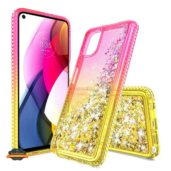 For Apple iPhone 13 (6.1") Gradient Quicksand Glitter Flowing Liquid Floating Sparkly Bling Diamond Rubber Hybrid Phone Case Cover by Xpression [Pink /Yellow]