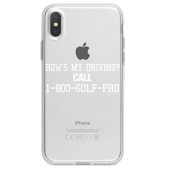 DistinctInk Clear Shockproof Hybrid Case for iPhone XR (6.1" Screen) - TPU Bumper Acrylic Back Tempered Glass Screen Protector - How's My Driving Call 1-800-GOLF-PRO