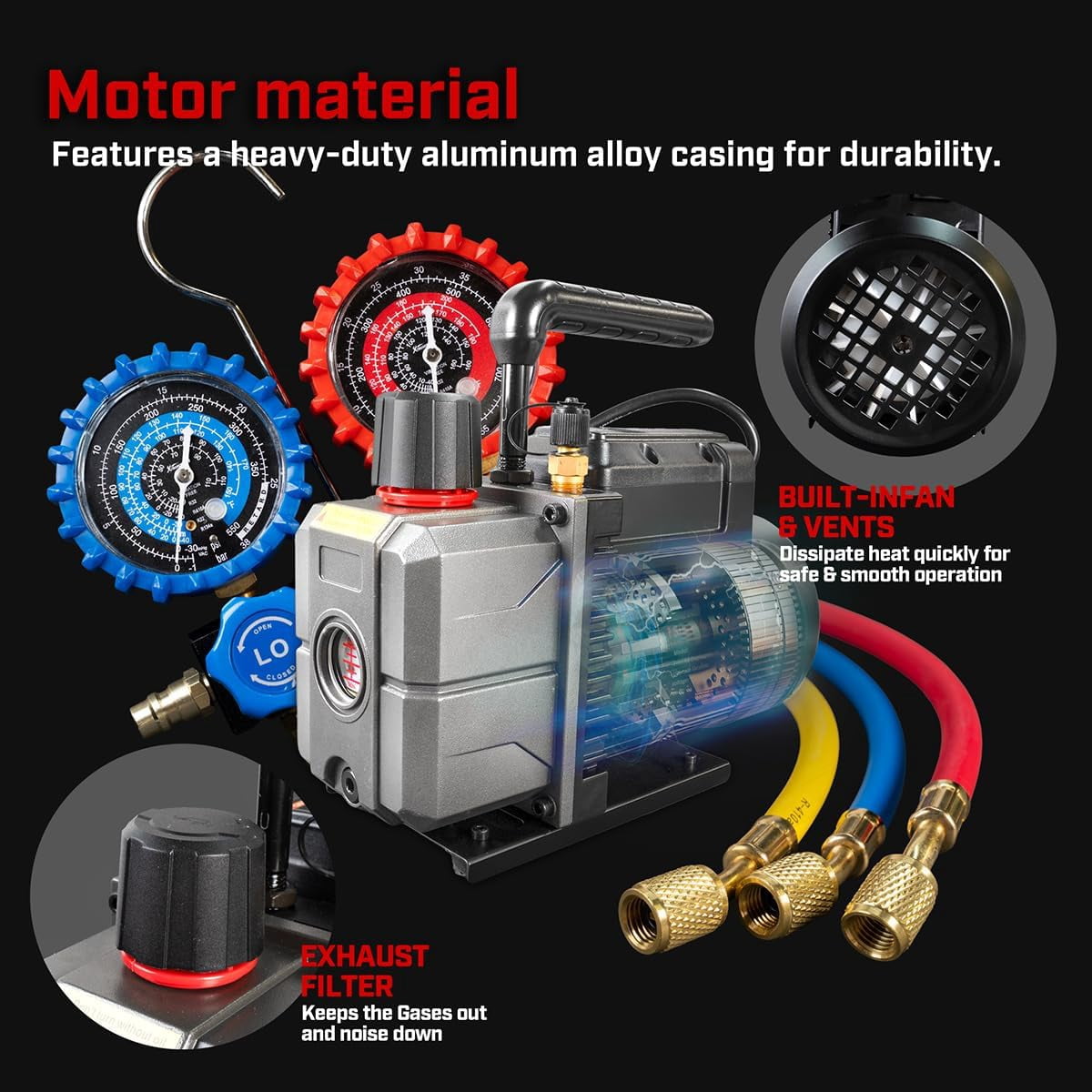 XtremepowerUS 3.5 CFM Vacuum Pump & Manifold Gauge Set, 1/3 HP HVAC Refrigerant Service Kit with Hoses & Can Tap