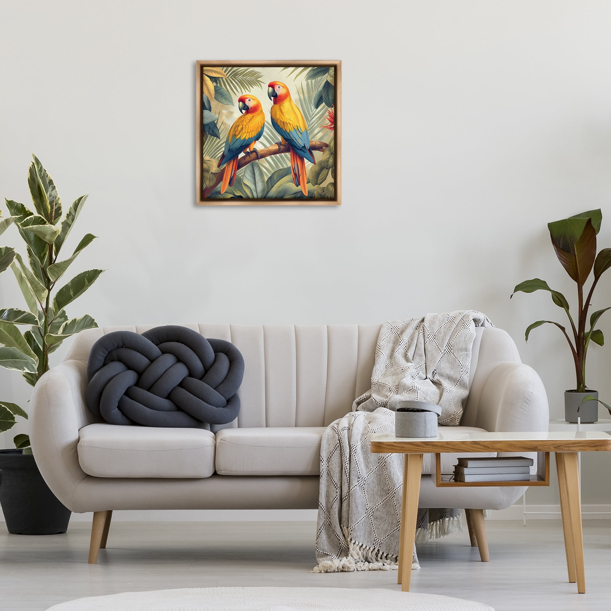 Stupell Industries Parrot Duo on Branch Animals Painting Brown Floater Framed Canvas Art Print Wall Art, 25 x 25