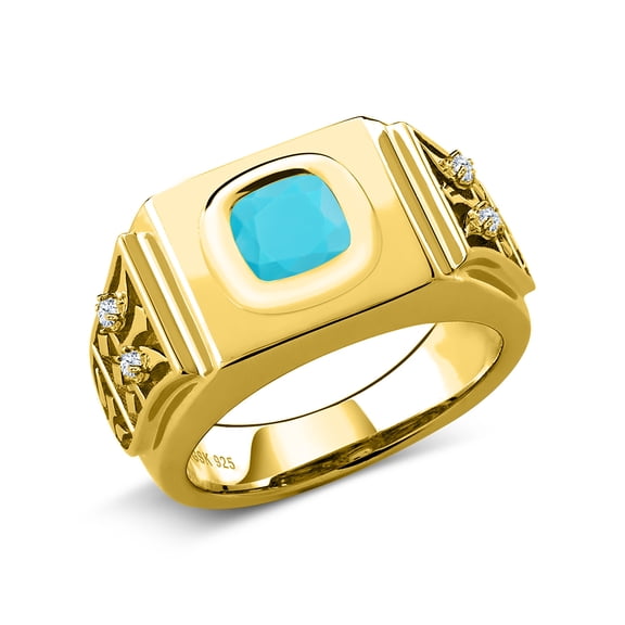 Gem Stone King 2.04 Ct Cushion Green Turquoise 18K Yellow Gold Plated Silver Men's Ring (Size 12)