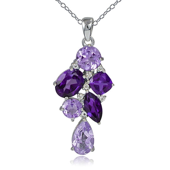 Sterling Silver with 3.5ct TGW African Amethyst, Amethyst and White Topaz Cluster Necklace