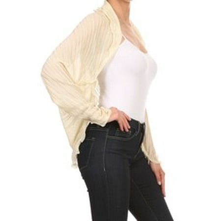 Pleated Empire Sweater - IVORY LADIES LONG SLEEVED RUFFLED EDGE PLEATED CHIFFON FASHION SHRUG CARDIGAN