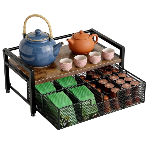 Tea Bag Organizer,Tea Bag Holder with Drawer, Wood Tea Organizers and Storage Chest, for Countertop Kitchen, Office, Rustic Brown