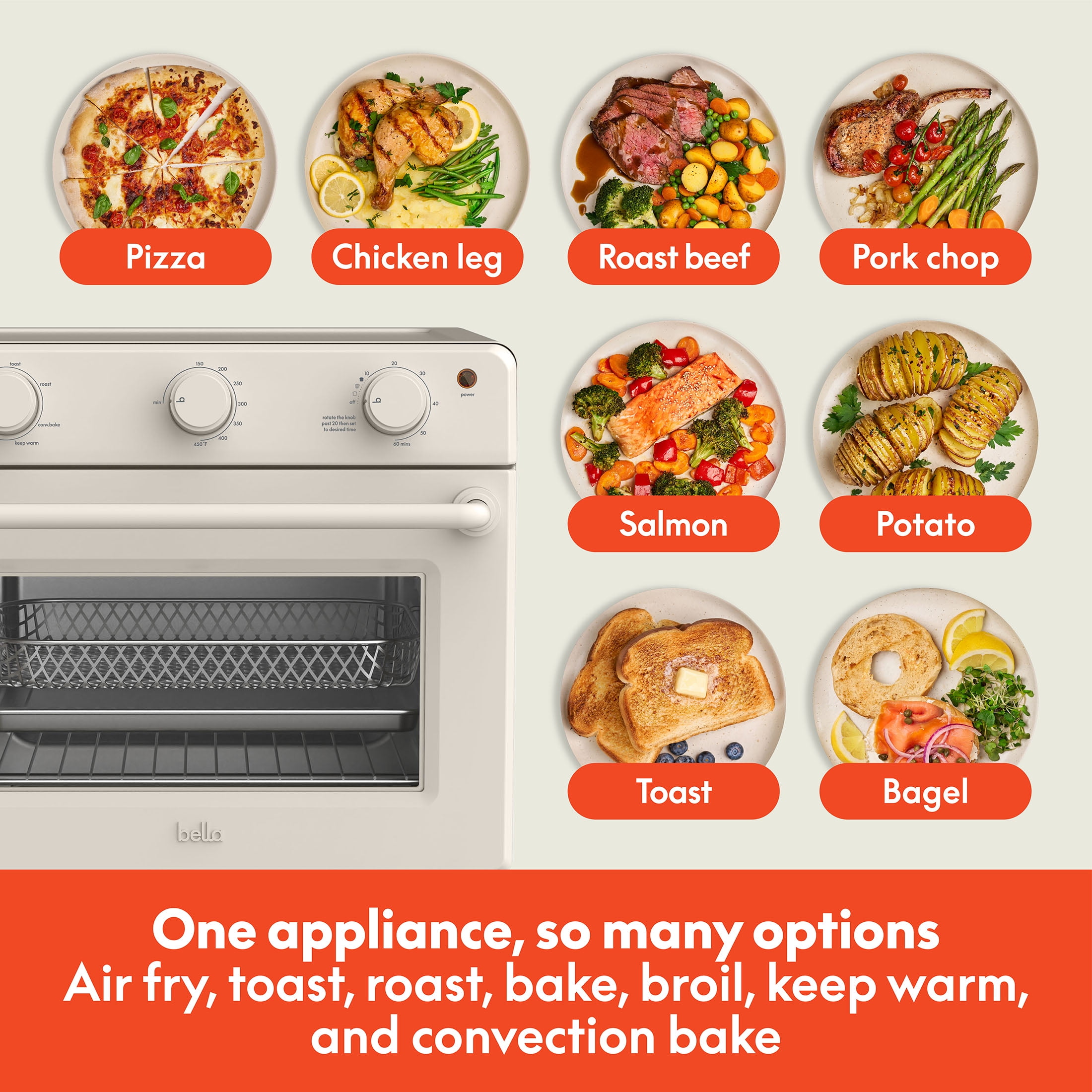 bella 6-Slice Air Fry Toaster Oven with 7 Preset Cooking Options and EverGood™ Nonstick Coated Trays, Oatmilk