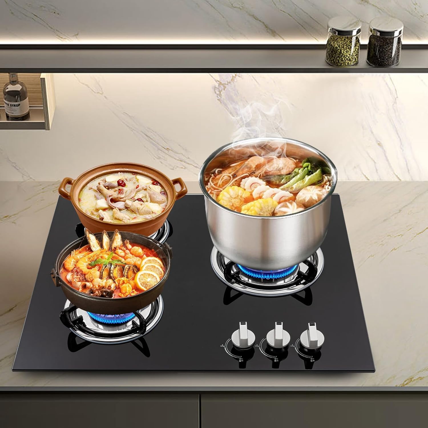23.2" Built-in Gas Cooktop 3 Burner Stovetop With Thermocouple Protection Portable Countertop Cooker for RV Camper Caravan Outdoor Apartments (Black Tempered Glass)