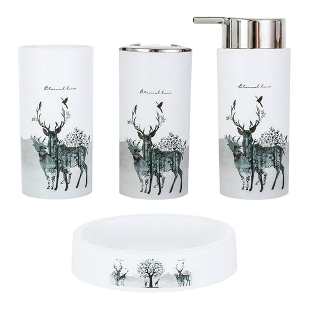 Juego de decoración de baño de 4 piezas de plástico: vaso para cepillo de dientes, dispensador de jabón y cepillo de dientes. Ciervo