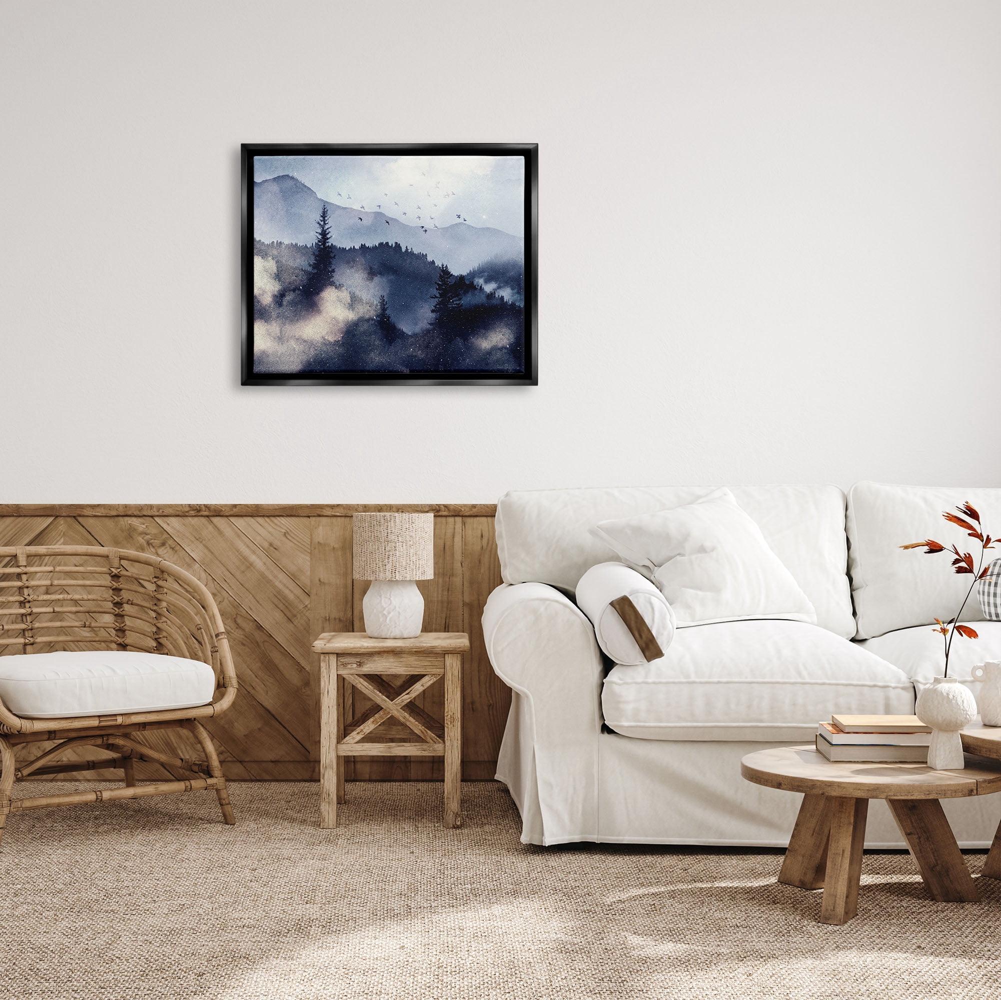Stupell Industries Mountain Landscape Watercolor Nature Painting Black Floater Framed Art Print Wall Art, 31 x 25