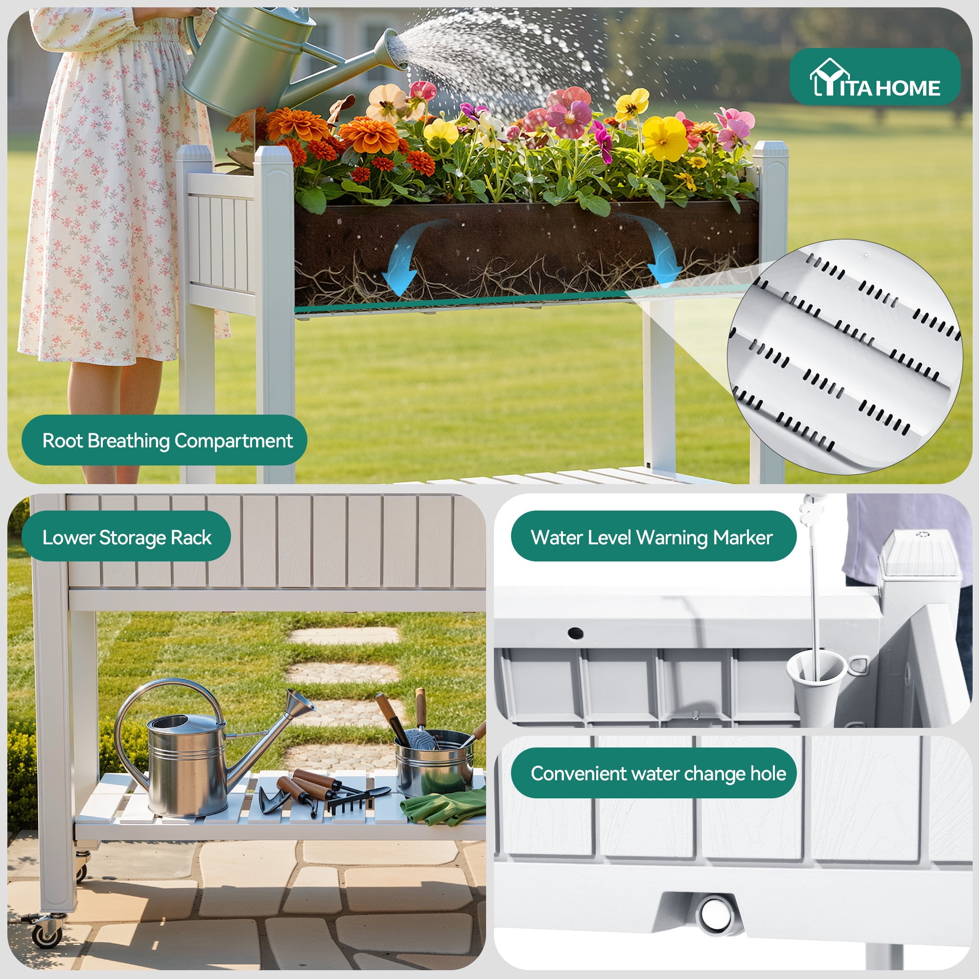 Uforic Mobile Raised Garden Bed 42.5x17.3x35.4 in, Elevated Plastic Planter Box with Drain Plug, Storage Shelf & Wheels, Sliver