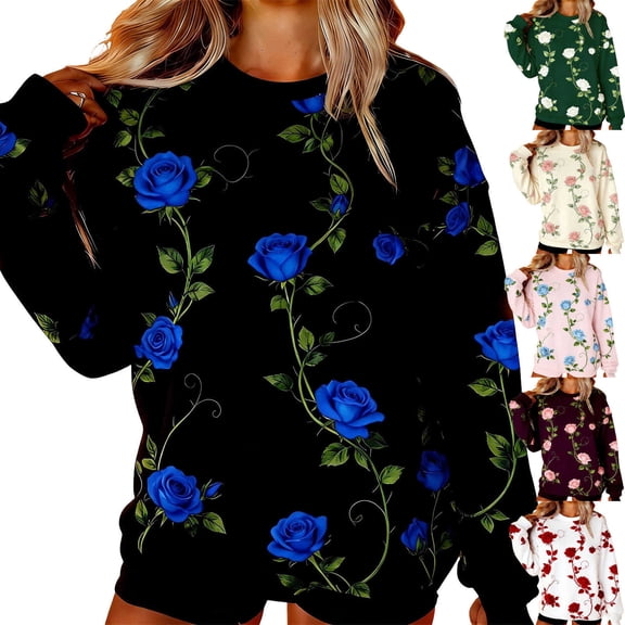 Jinhomg Oversized Sweatshirt for Women Rose Graphic Pullover Tops Drop Shoulder Long Sleeve Crewneck Sweatshirts Beige S