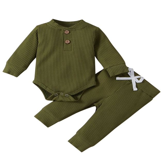 Newborn Baby Girl Boy Spring Fall Clothes Ribbed Cotton Solid Color Long Sleeve Romper Jumpsuit+Pants Outfits Set