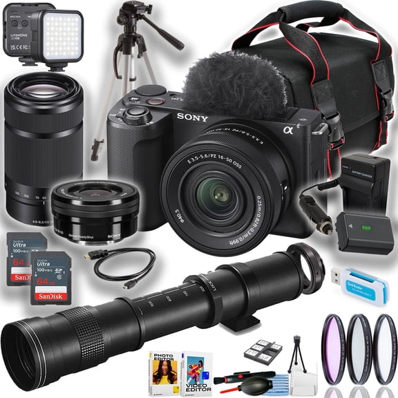 Sony ZV-E10 II Mirrorless Camera with 16-50mm, 55-210mm & 420-800mm Lenses (Black) Vlogging Bundle   LED Light   64GB Card   Cleaning Kit   More (International Version)