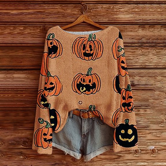 Harpily Knitted Sweater for Women Boat Neck Long Sleeve Sweatshirts with All‑Over Halloween Theme Ghost Prints Winter Warm Layer Top