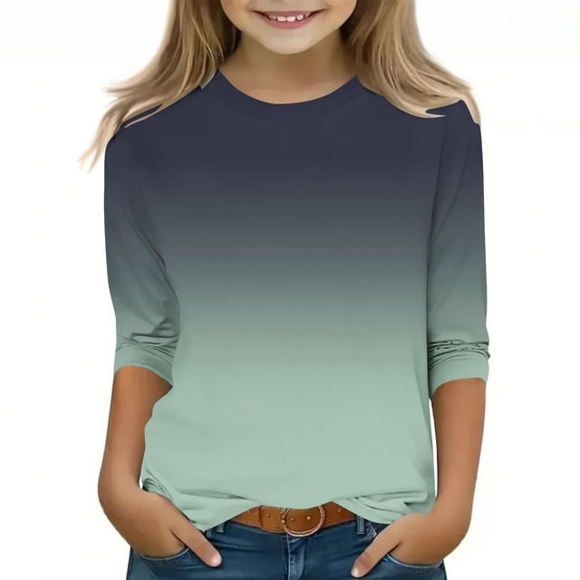 LWFFDAW T-Shirts à Manches 3/4 pour Filles, Décontractés, Col Rond, Graphiques Dégradés Tendance, Confortables, Légers, pour Sortir, pour 3-12 Ans