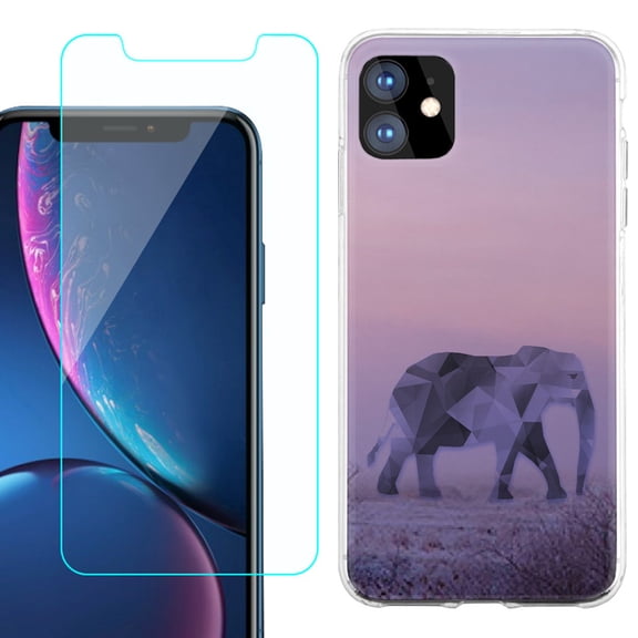 For Apple iPhone 11 Case , Slim-Fit TPU Protective Phone Case with Tempered Glass Screen Protector, by OneToughShield ® - Twilight Elephant