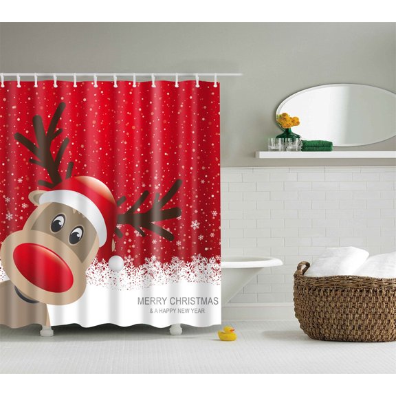 Surakey Christmas Shower Curtain Waterproof Polyester Elk Shower Curtain with 12pcs Hooks Bathroom Home Red 70.86"x70.86"