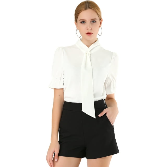 INSPIRE CHIC Chemisier de Travail à Manches Bouffantes pour Femmes avec Col Noué et Boutons