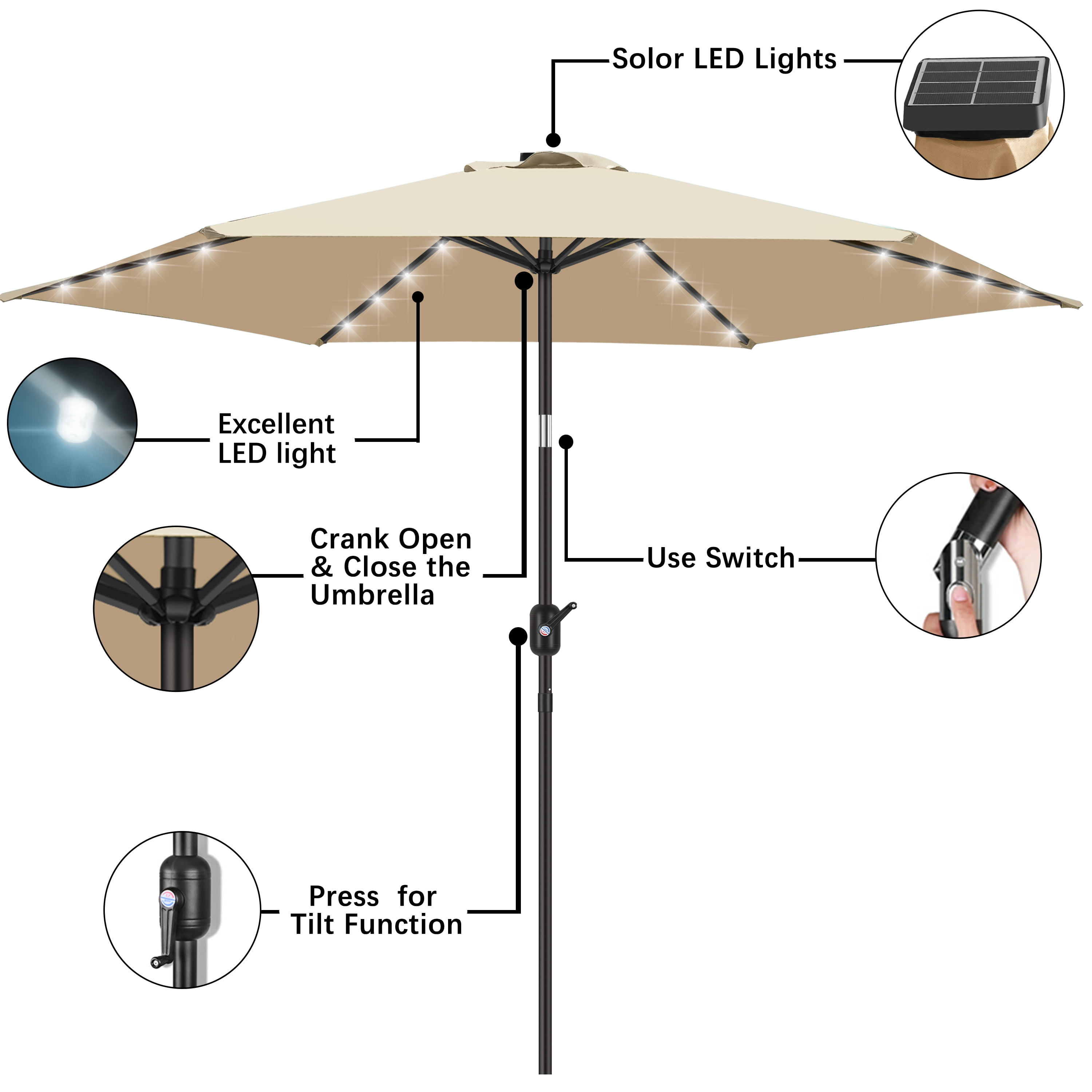 Scafild | 7.5 Ft Solar LED Light Patio Umbrella Outdoor W/ Easy Tilt - Off-white