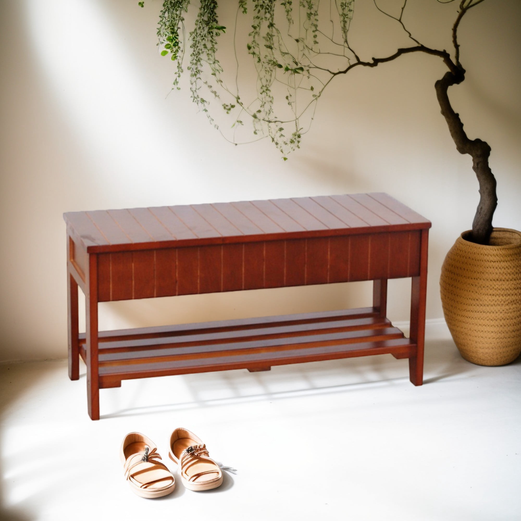 Aukfa Storage Bench, Wood Shoe Bench with Flip Top Storage for Hallway/Entryway/Living Room, Cherry