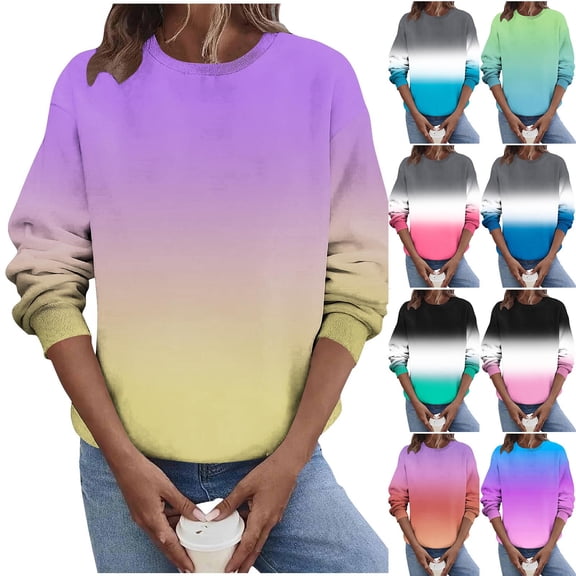 Qzwdhjm Sweatshirt for Women Ombre Gradient Long Sleeve Sweatshirt Round Neck Loose Casual Pullover Tops for Streetwear
