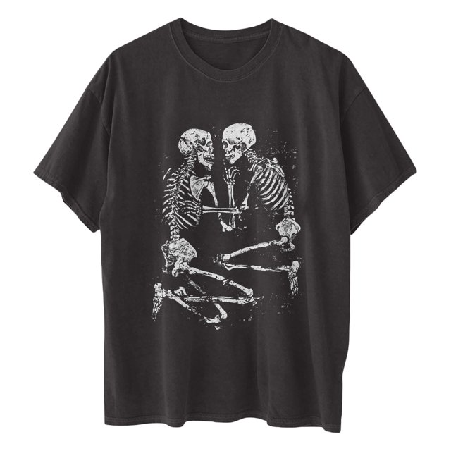 Patrón de pareja de calavera oscura para mujer Patrón de característica creativa Casual Estampado retro Manga corta suelta Camisetas de cuello redondo para hombres y mujeres Pompotops hfajkhk138740