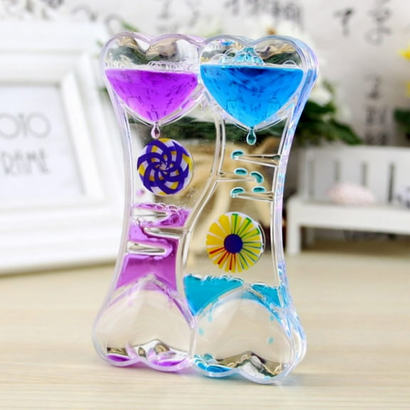 Double Heart Liquid Motion Bubbler Oil Drip Timer with Full Windmill Design, 3.4 oz Plastic Visual Sensory Desk Toy for Stress Relief and Home Office Decor.